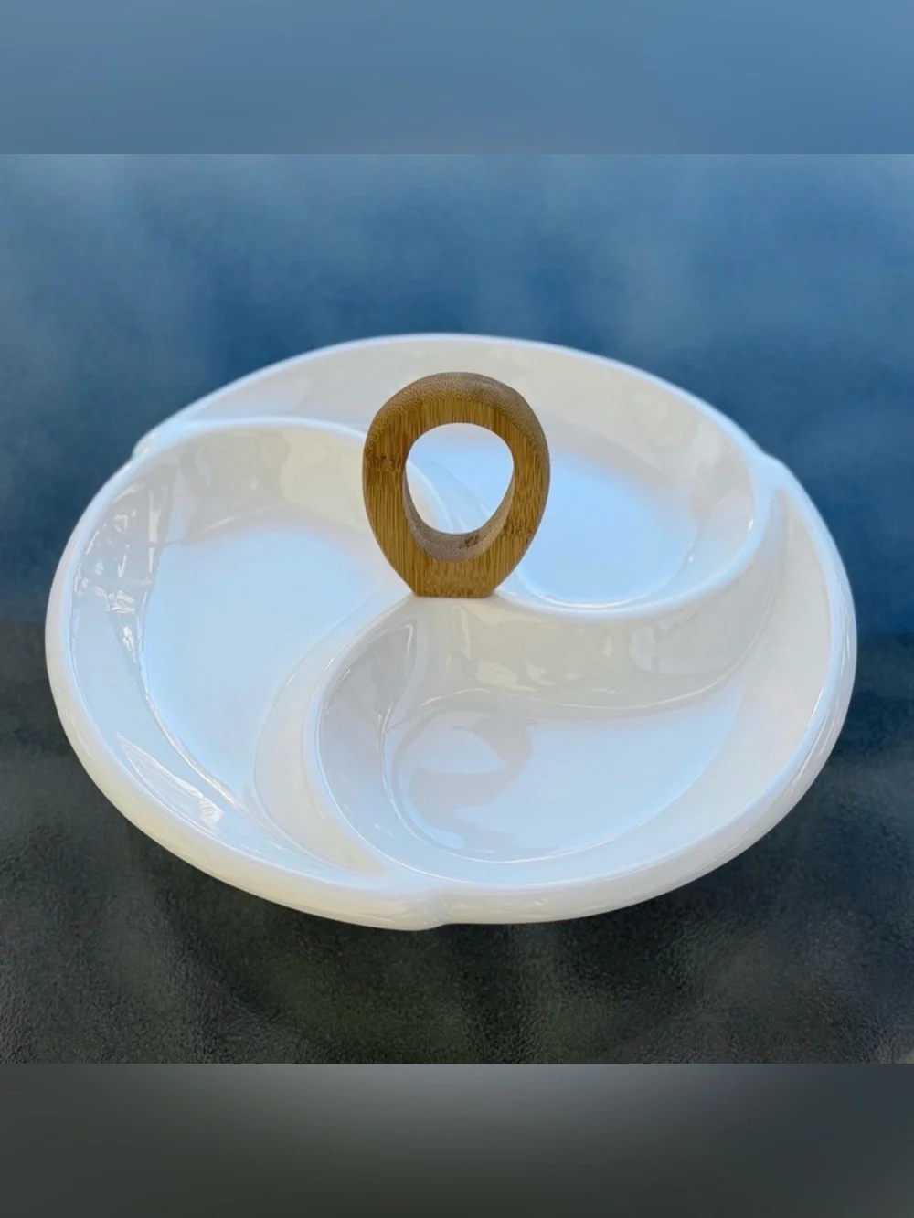 Brandani Porcelain Round Divided Serving Dish with a Bamboo Handle